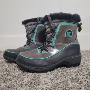 Sorel Winter Snow Boots Youth 3 Tivoli III Gray Suede Round Faux Fur NY2637-052